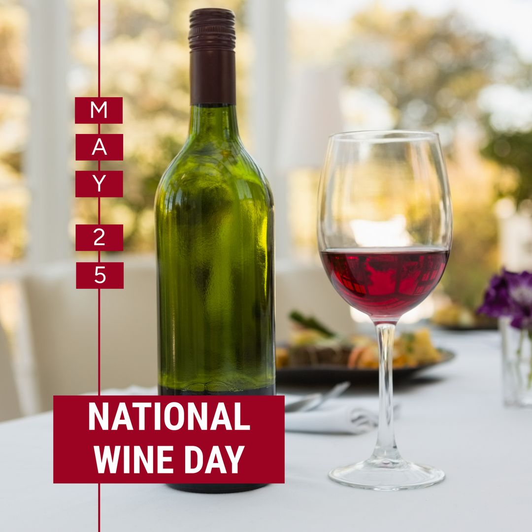 National Wine Day Celebration with Red Wine Bottle and Glass on Dining Table - Download Free Stock Templates Pikwizard.com