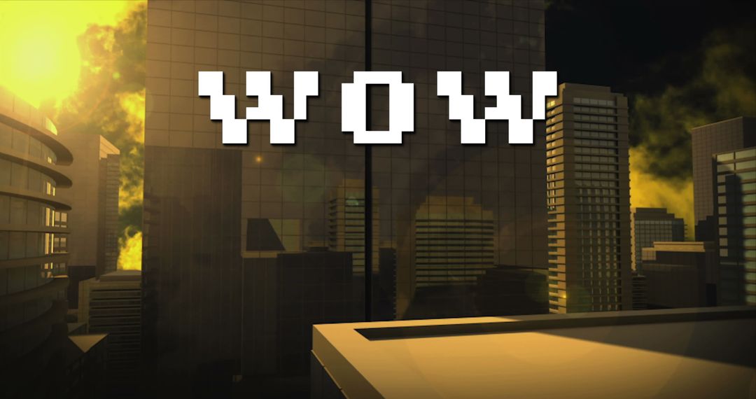 8-Bit Wow Text Over Digital Cityscape Scene