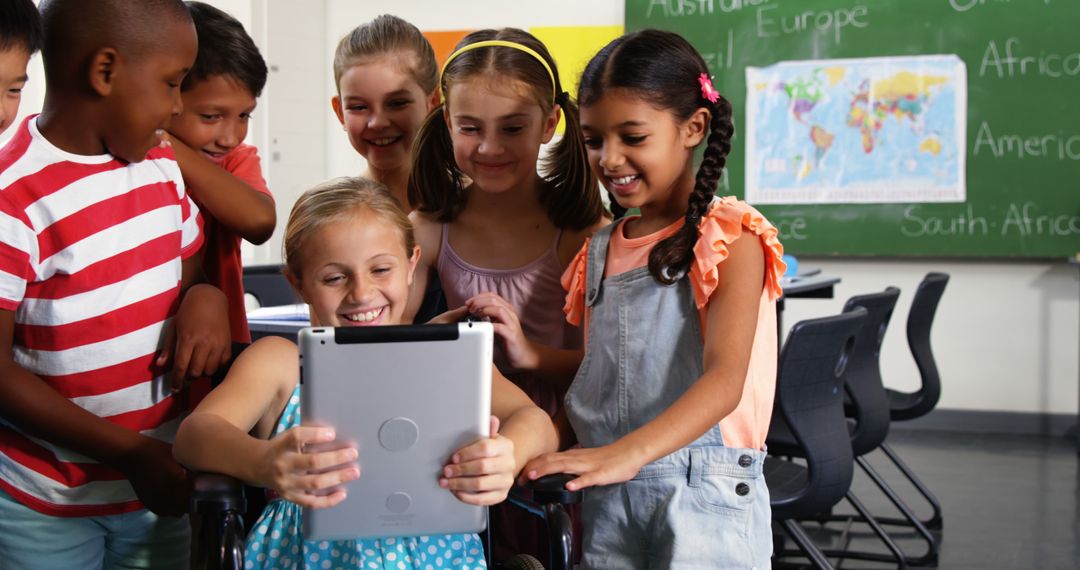 Diverse Students Engaging with Digital Tablet in Classroom