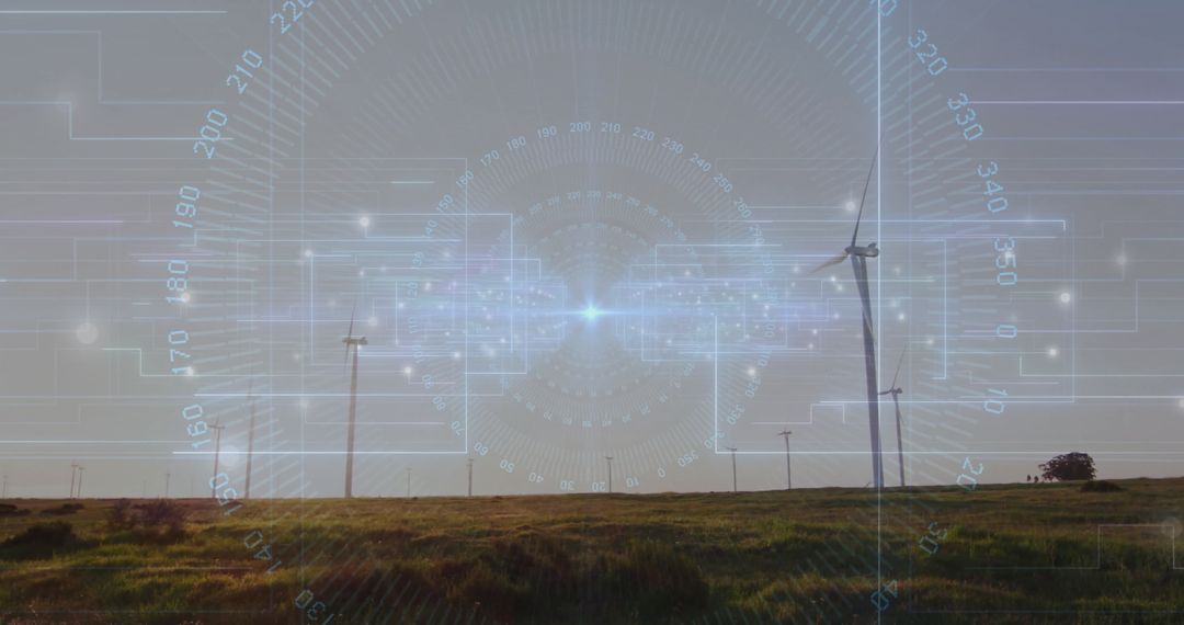 Digital Interface Over Wind Turbine Field About Renewable Energy Innovations