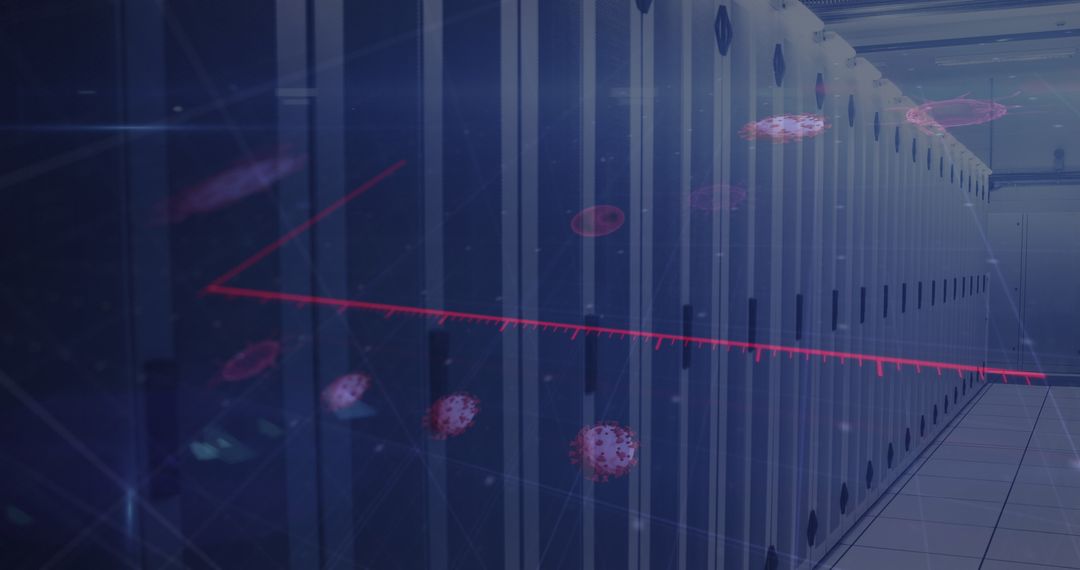 Digital Interface Overlaying Server Room with Virus Graphics