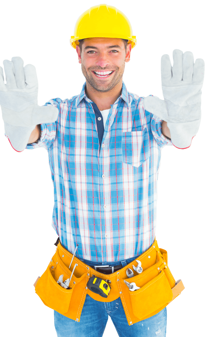 Smiling Construction Worker with Tool Belt Raising Hand in Transparent Background