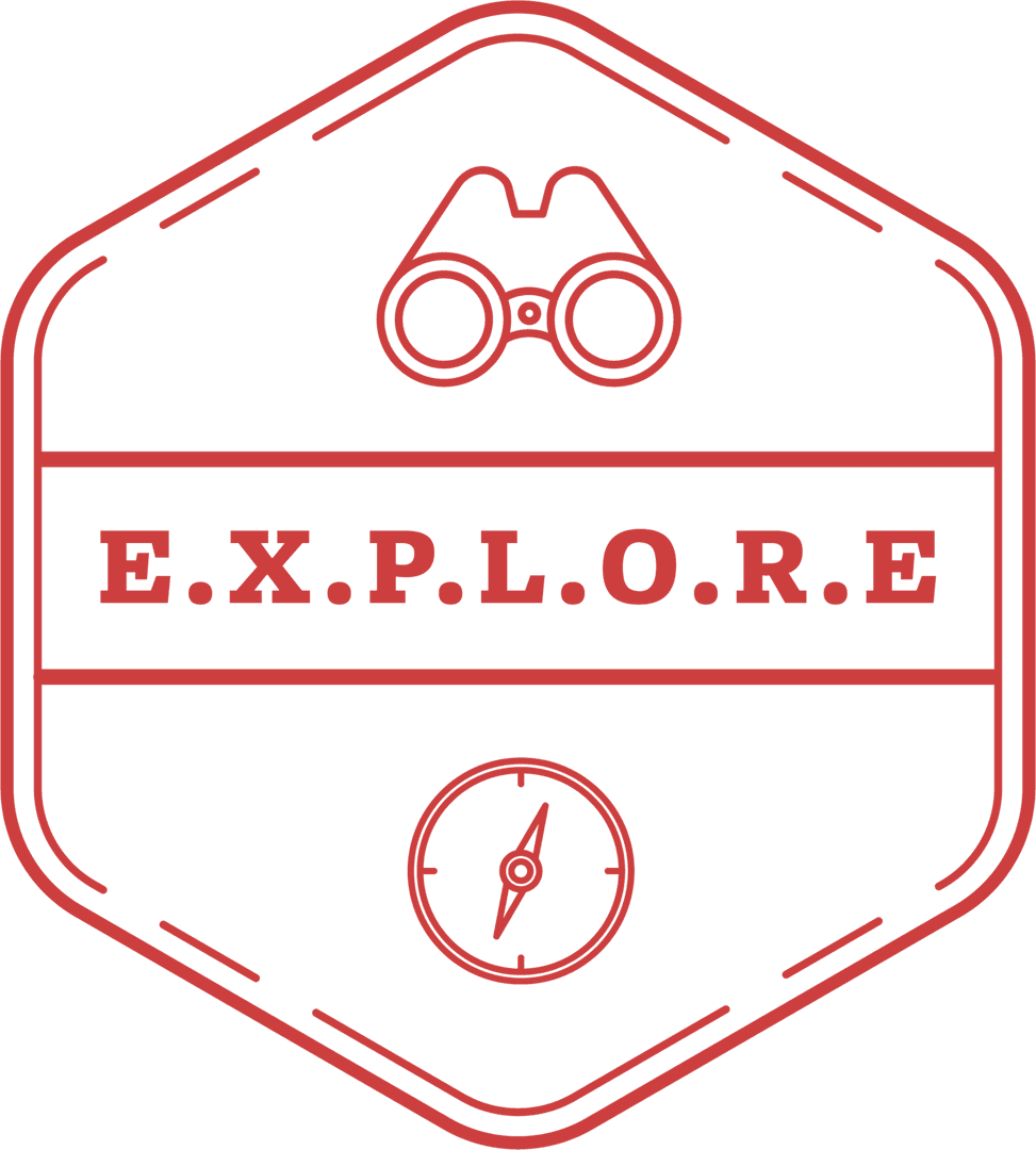 Transparent Badge Design Illustrated with Explore Icons and Text