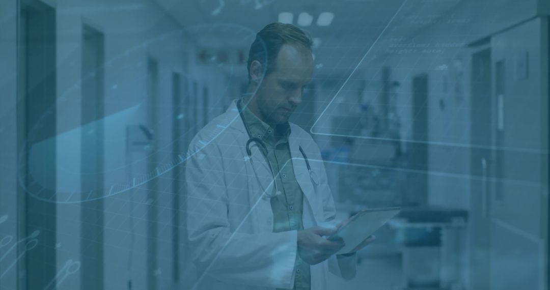 Doctor Analyzing Patient Data in Hospital Corridor