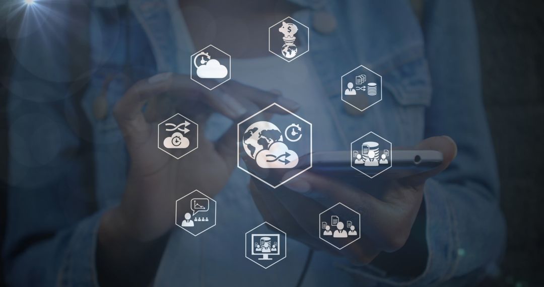 Network of Connections on Smartphone Illustrating Global Data Processing