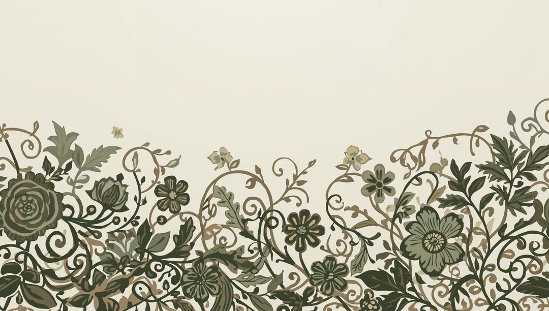 Vintage botanical filigree border rising on cream canvas with vines, flowers, scrollwork