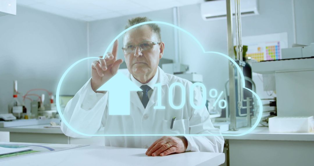 Scientist Interacting with Digital Cloud Interface in Modern Lab
