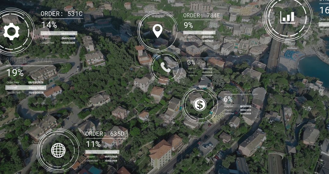Aerial View with Digital Icons Representing Global Data Network - Free Images, Stock Photos and Pictures on Pikwizard.com