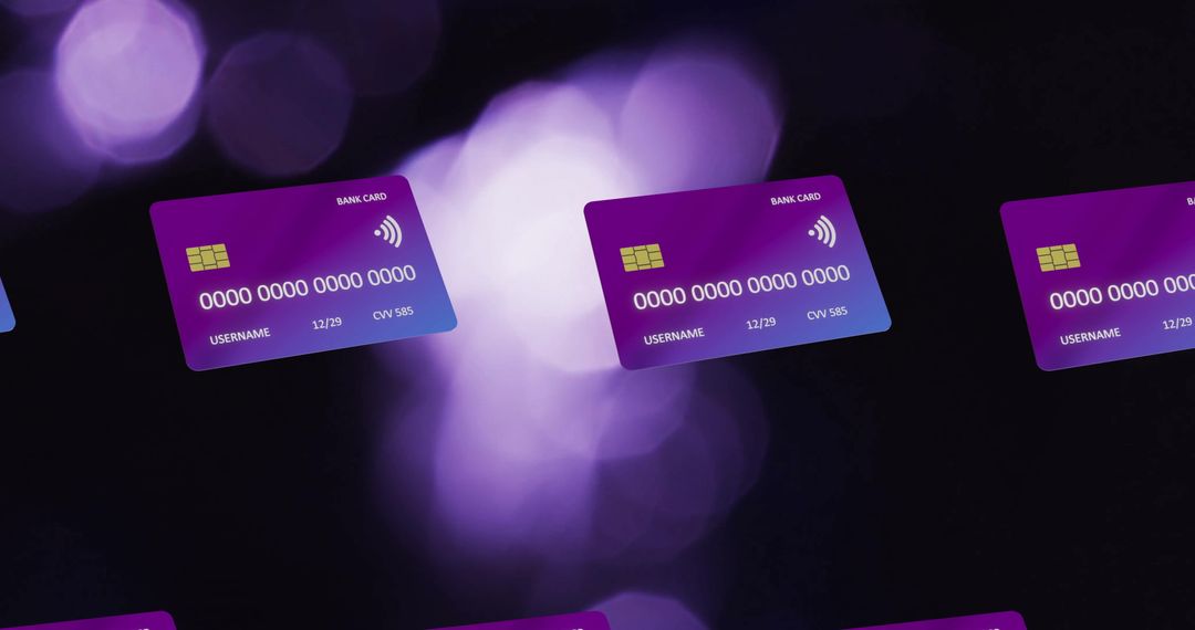 Floating Credit Cards on Purple Light Background Digital. Interface