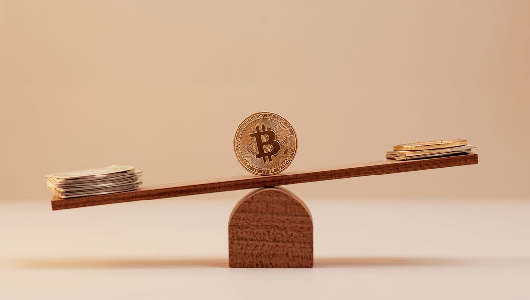 Bitcoin Medallion Balancing on Wooden Seesaw Between Stacks of Gold and Silver Coins