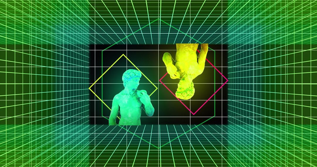Multicolored Glitched Statues in Futuristic Grid