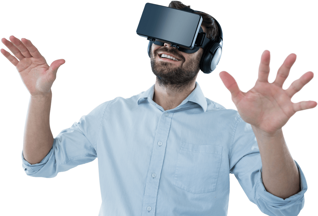 Happy Man Experiencing Virtual Reality in Transparent Background