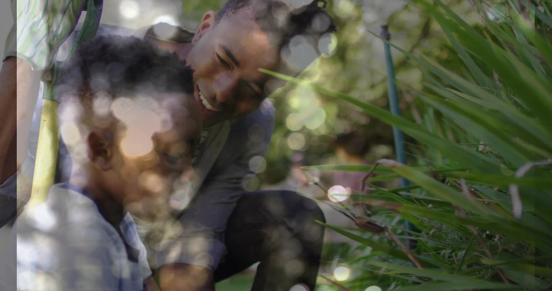Father and Son Bonding Through Gardening in Backyard