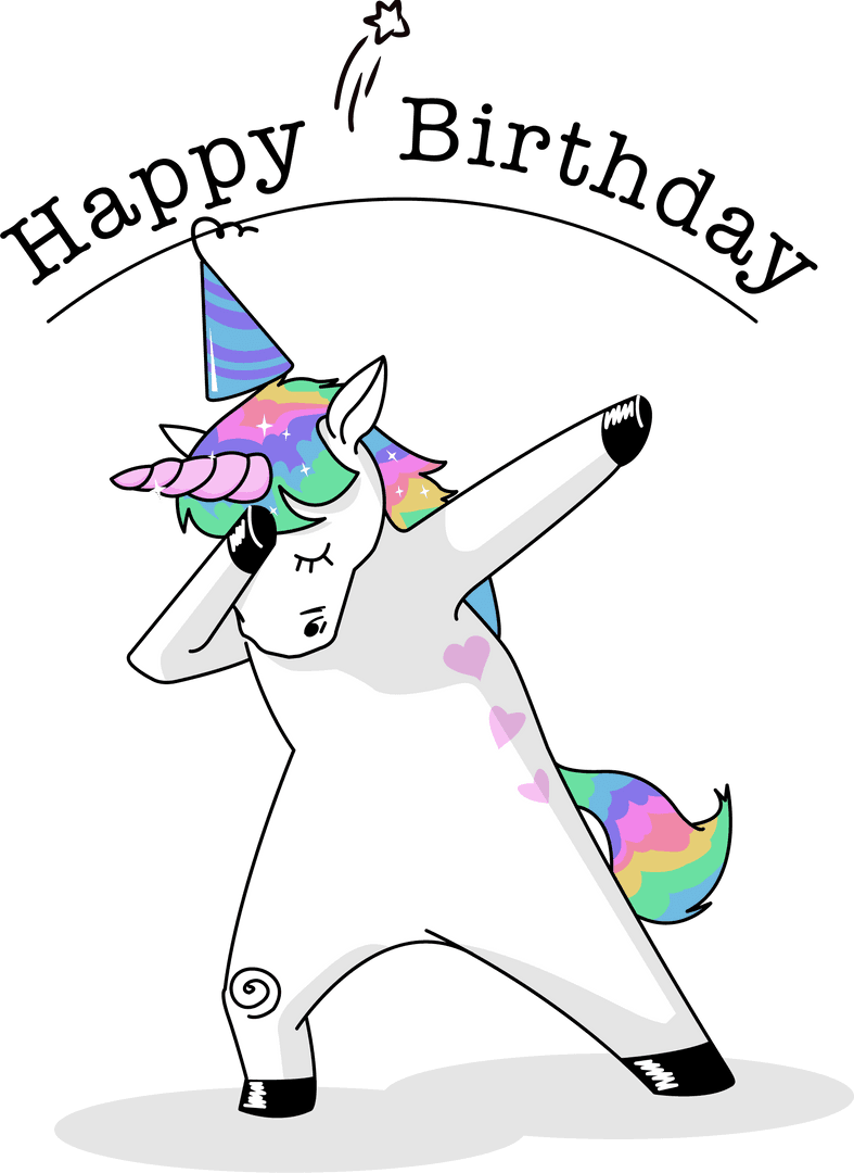 Playful Dabbing Unicorn with Happy Birthday Greeting Transparent Design