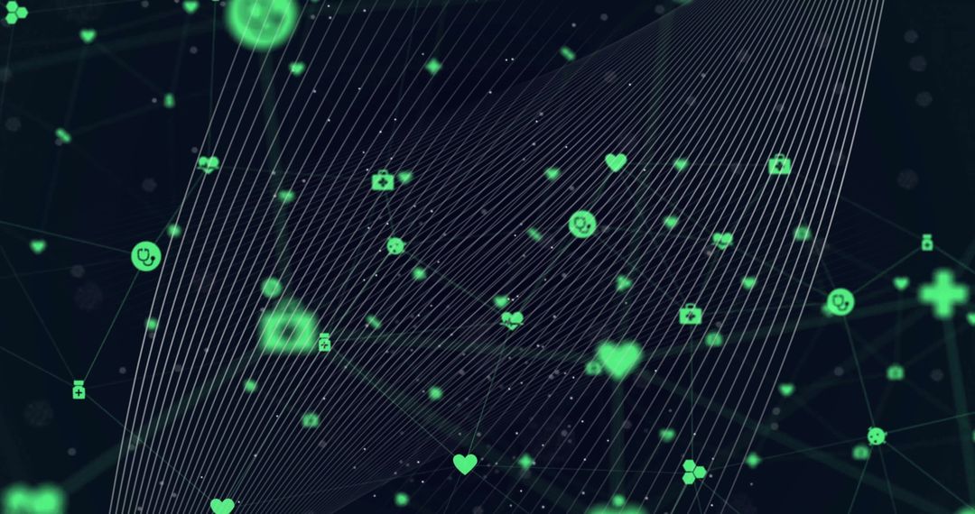 Digital Network of Icons with Light Trails Illustrating Connectivity