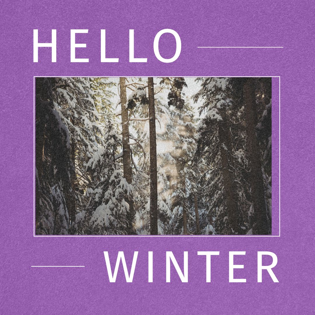 Hello Winter Text with Snowy Forest Scene on Purple Frame