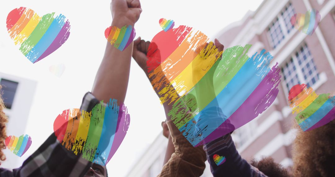 Diverse Group Protesting for LGBT Equality with Rainbow Hearts