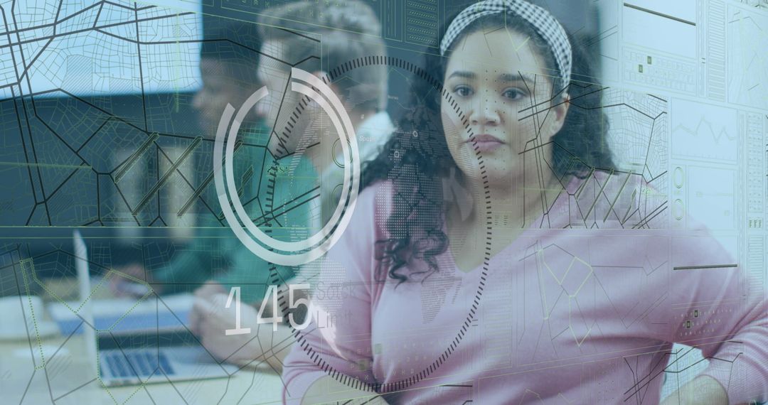 Woman Analyzing Data with Digital Interface in Modern Office