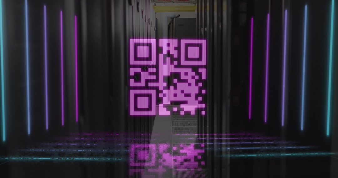 Neon QR Code Overlay on Data Center Servers