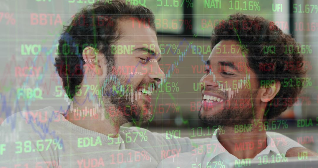 Two Men Smiling Behind Stock Market Data Overlay