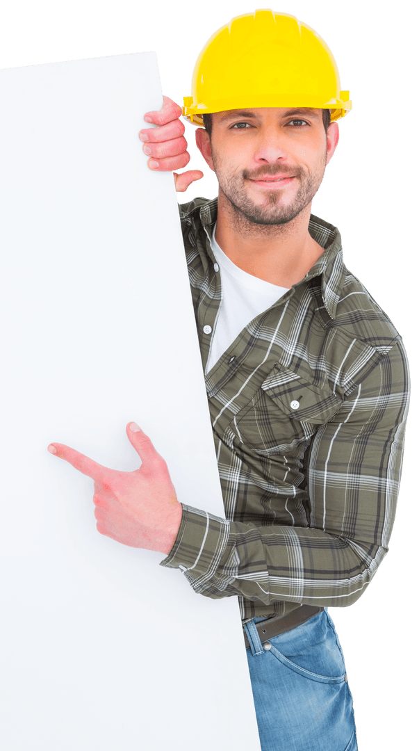 Smiling Construction Worker Pointing at Transparent Whiteboard