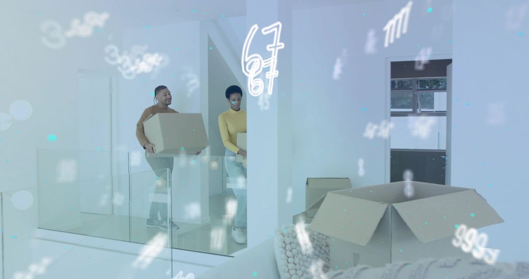 Young Couple Carrying Moving Boxes Across Glass-Railed Landing With Futuristic Data Overlay