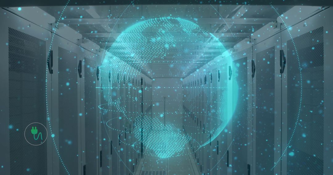 Futuristic Digital Overlay of Globe in Server Room Environment