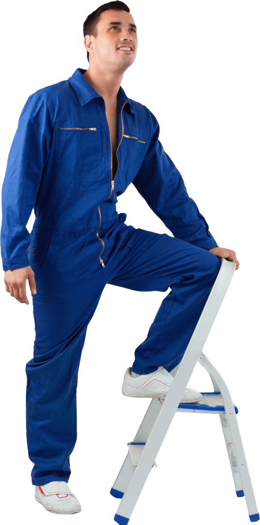 Mechanic Climbing Stool in Blue Jumpsuit on Transparent Background