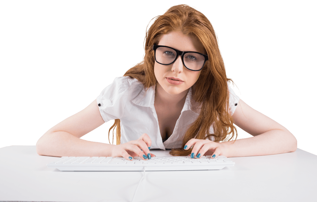 Transparent Redhead Woman Typing on Keyboard with Glasses