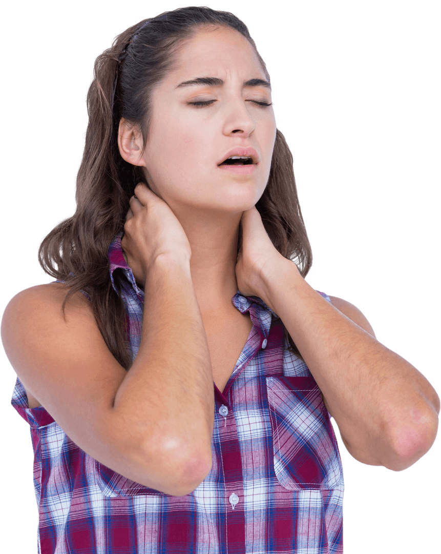 Woman Exhibiting Neck Pain Expression, Transparent Background
