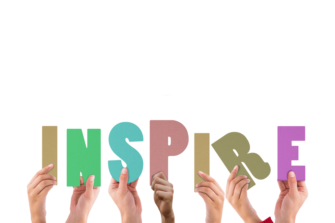 Hands Holding Inspire Text on Transparent Background for Motivation