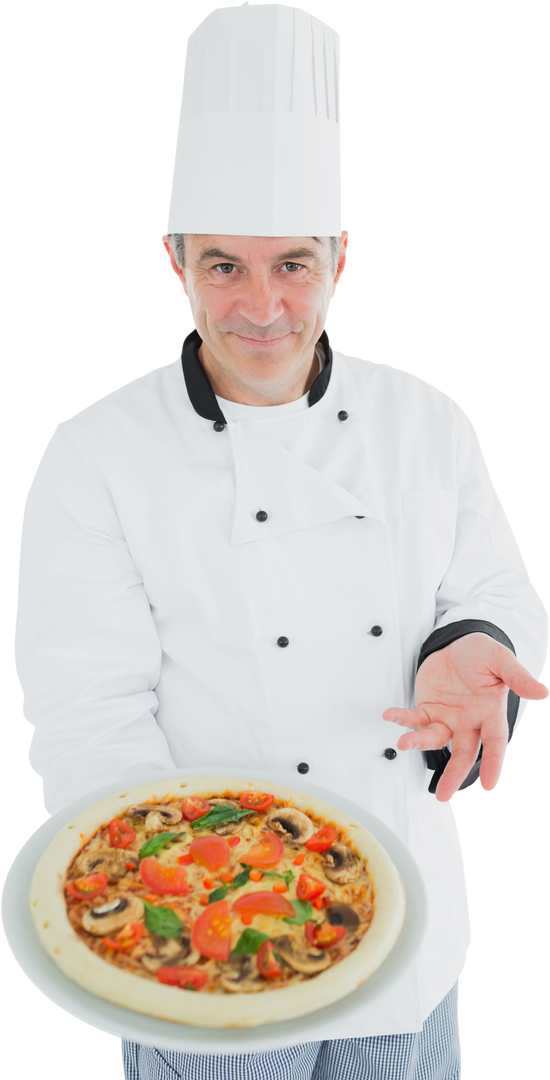 Smiling Male Chef Presenting Transparent Delicious Pizza Plate in Culinary Attire - Download Free Stock Images Pikwizard.com