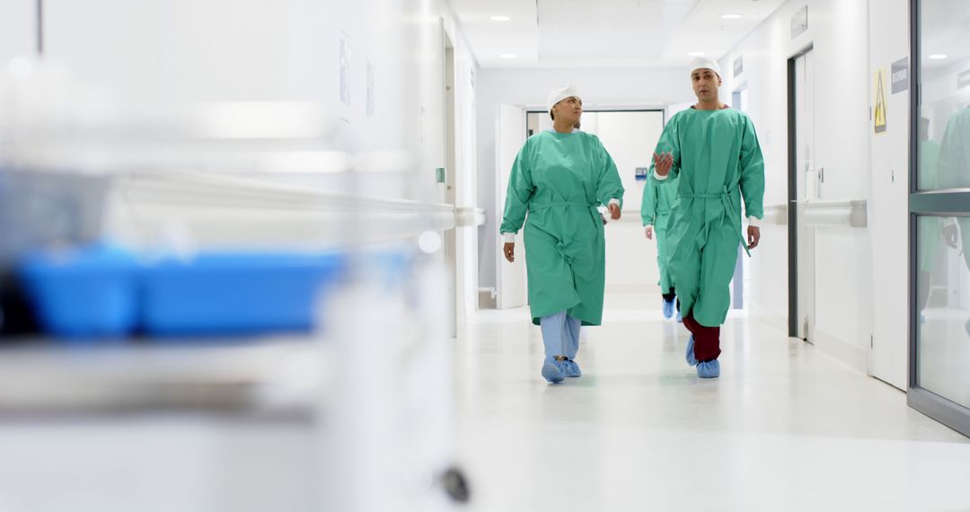 Medical Professionals Walking in Hospital Corridor in Green Scrubs - Free Images, Stock Photos and Pictures on Pikwizard.com