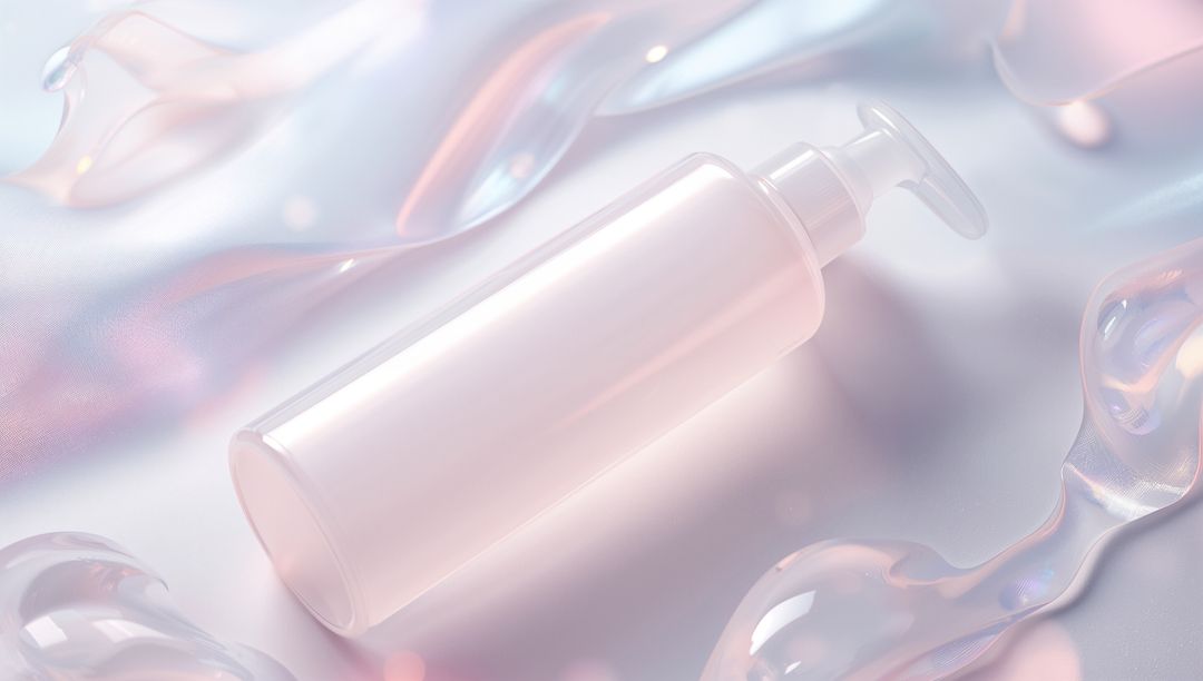 Minimalistic Pump Bottle on Glossy Surface with Gel Accents