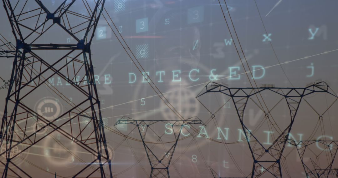 Malware Scanning Overlay on High-Voltage Towers at Dusk