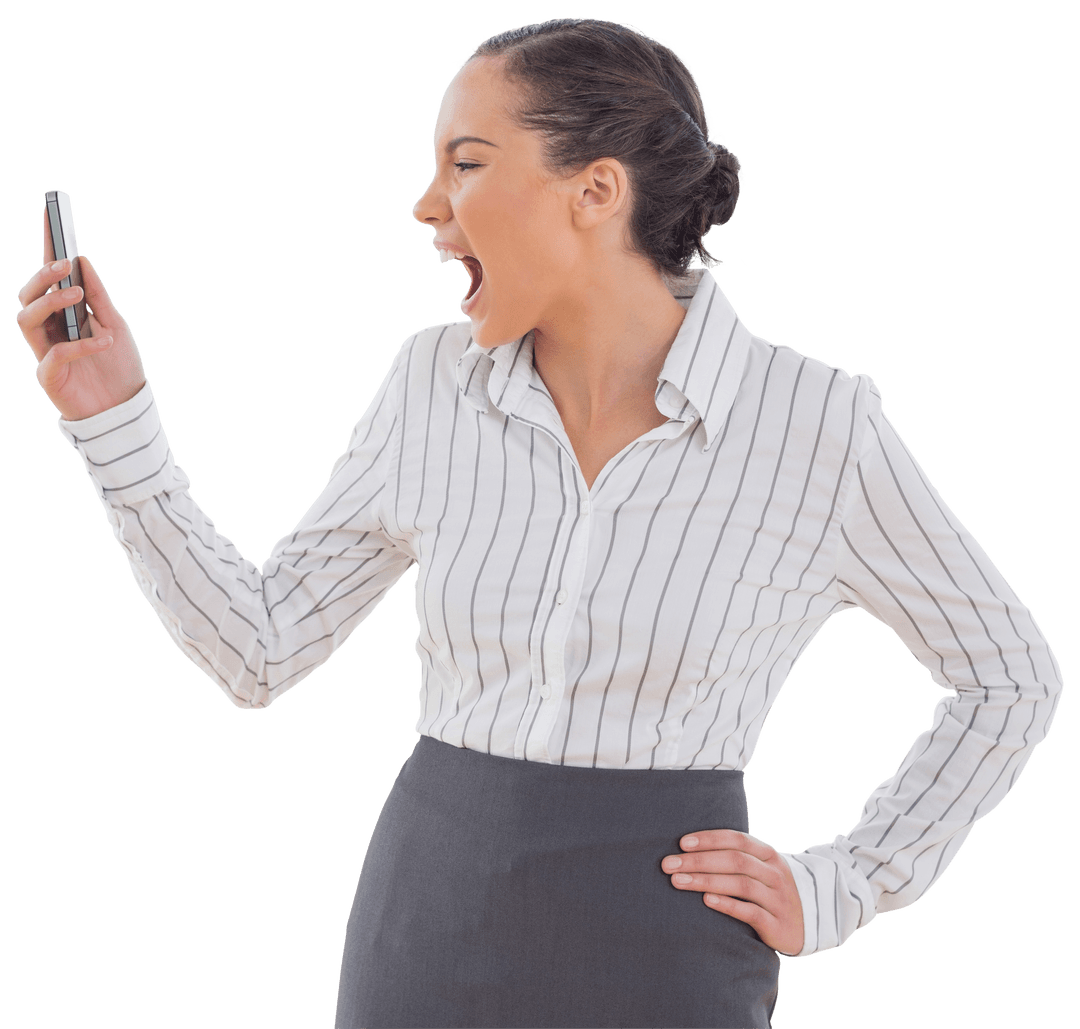 Angry Businesswoman Yelling at Smartphone on Transparent Background