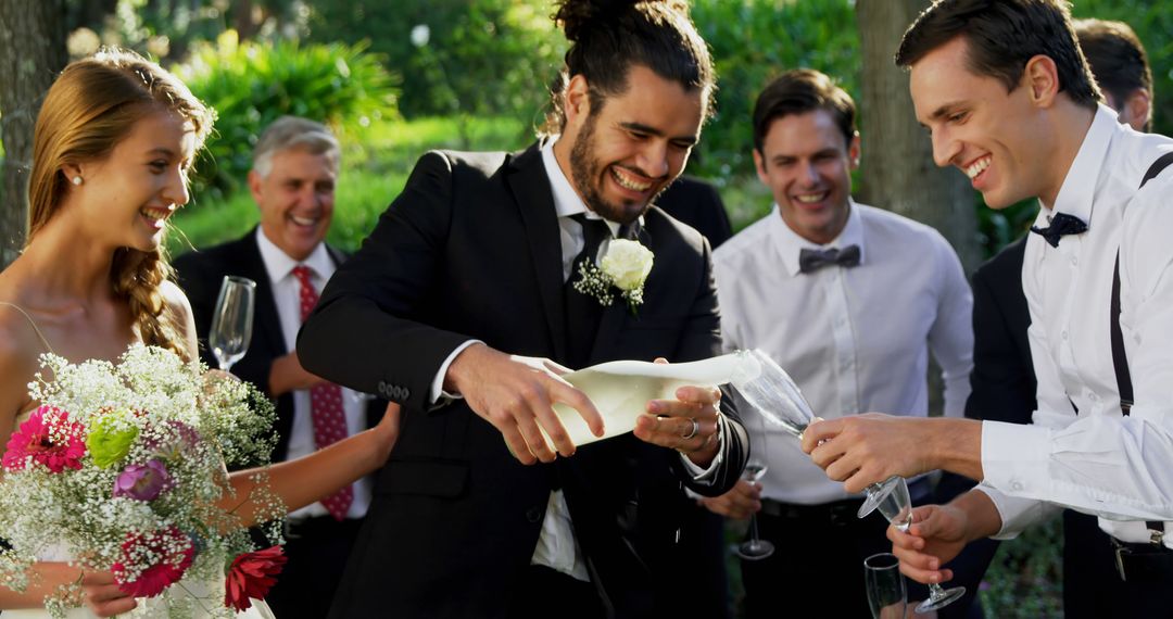 Groom Pouring Champagne in Toast Celebration Outdoors - Free Images, Stock Photos and Pictures on Pikwizard.com