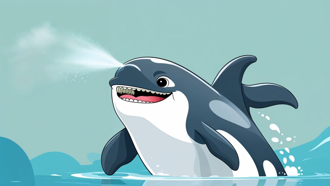 Cartoon orca killer whale spouting water joyfully in ocean