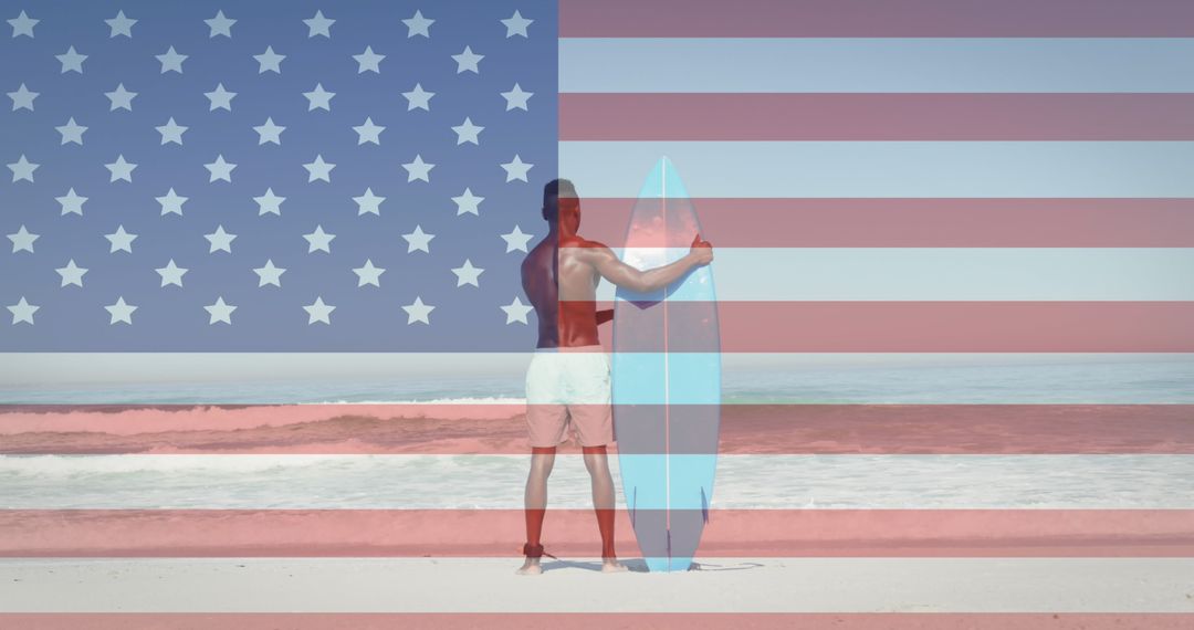 Man Holding Surfboard on Beach with Overlay of American Flag