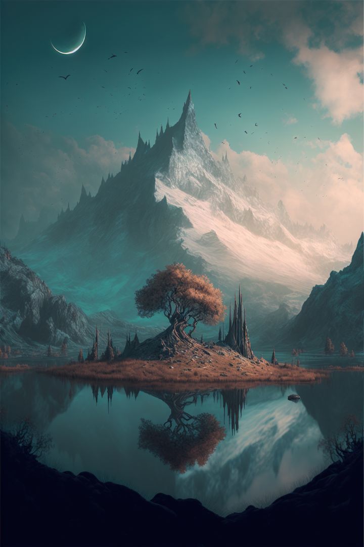 Image of fantasy landscape with tree and lake, created using generative ai technology - Free Images, Stock Photos and Pictures on Pikwizard.com