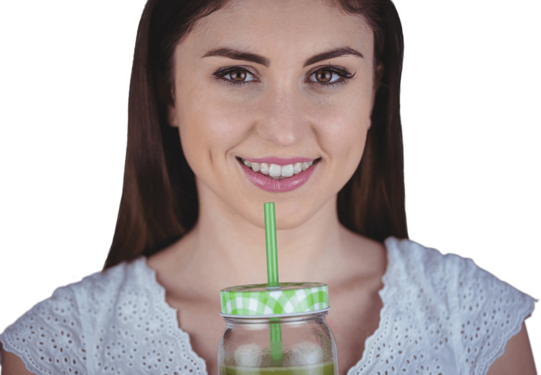 Smiling Woman Enjoying Refreshing Green Juice, Transparent Background