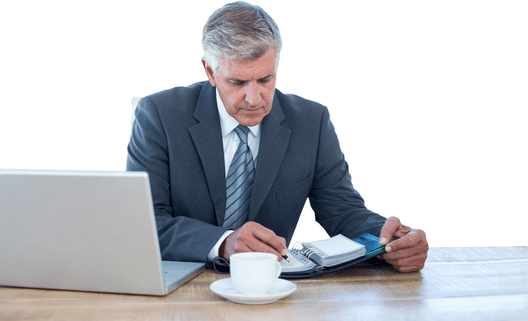 Transparent Businessman in Office Reviewing Diary