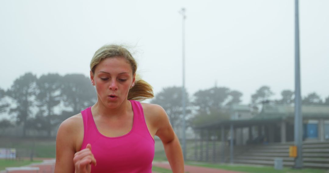 Focused Woman Running on Overcast Morning - Free Images, Stock Photos and Pictures on Pikwizard.com