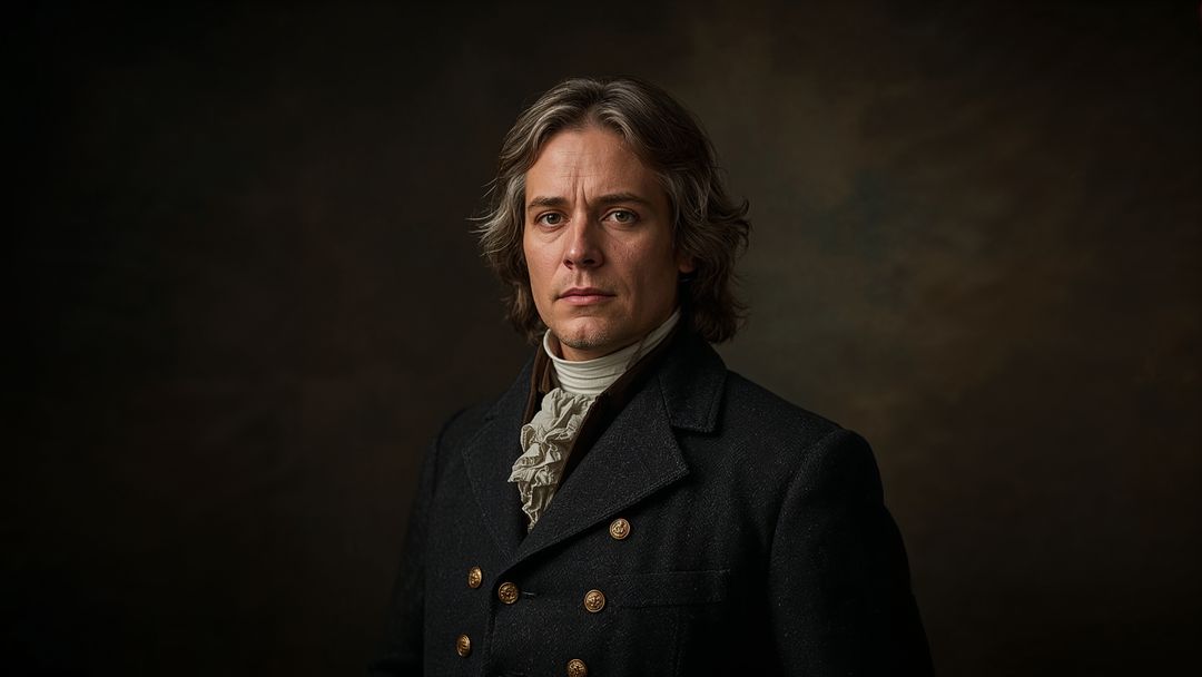 Classic gentleman in historical attire against vintage backdrop