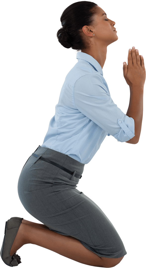 Side View of Praying Businesswoman in Transparent Background