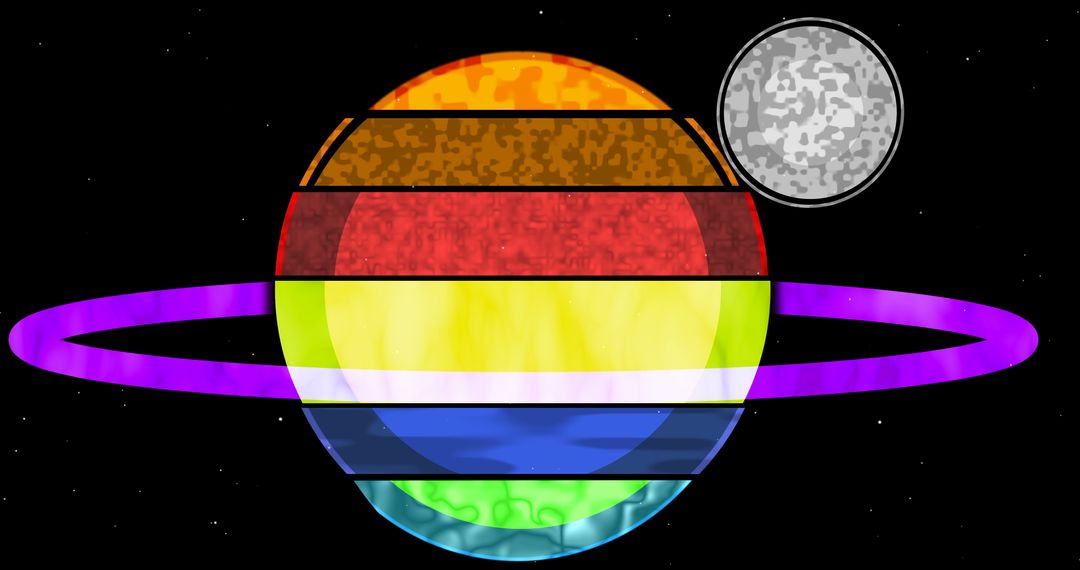 Colorful Saturn Art with Moon in Vibrant Digital Design