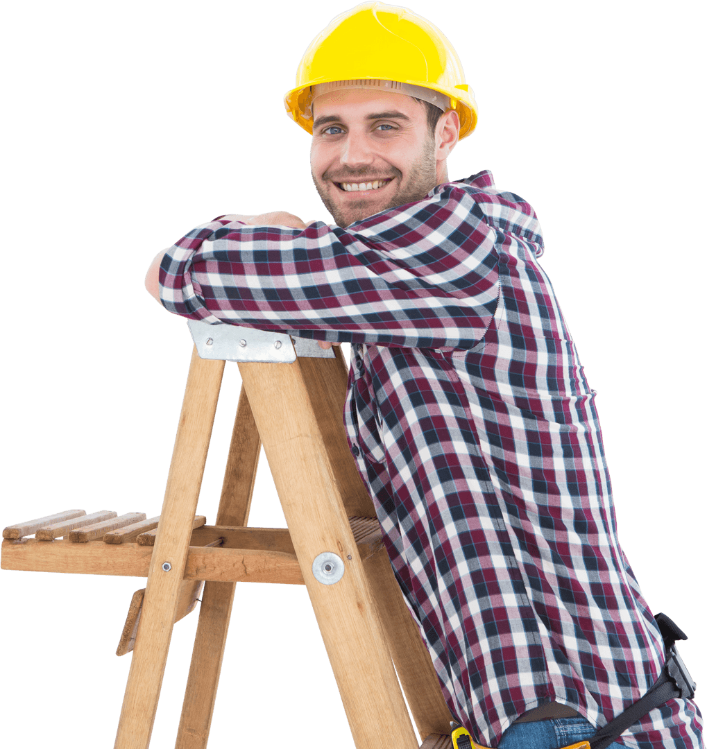 Smiling Construction Worker on Ladder Transparent Background