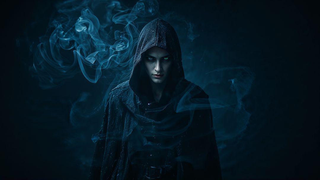 Mysterious hooded assassin figure in misty blue atmosphere