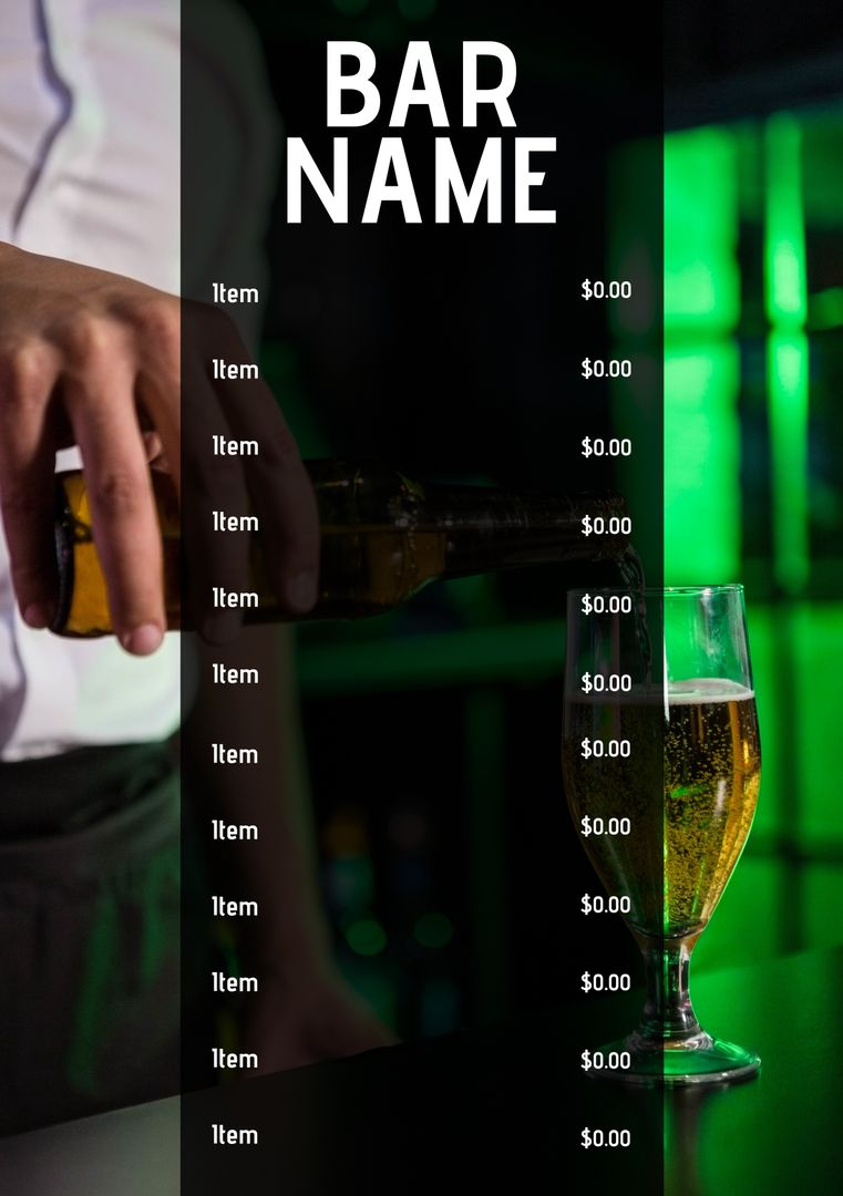 Customizable Bar Menu with Bartender Pouring Drink in Nightclub - Download Free Stock Templates Pikwizard.com