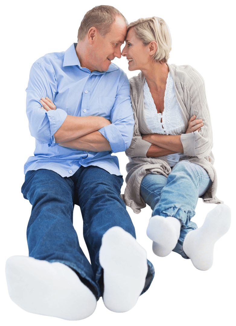 Transparent Happy Mature Couple Cuddling and Smiling